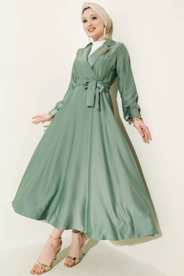 Kruvaze Yaka Taşlı Saten Abiye Elbise Çağla Yeşili - Elbise