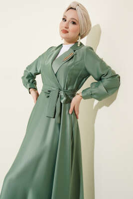 Kruvaze Yaka Taşlı Saten Abiye Elbise Çağla Yeşili - Elbise