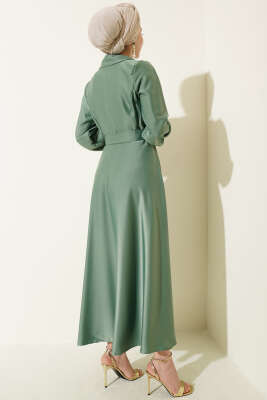 Kruvaze Yaka Taşlı Saten Abiye Elbise Çağla Yeşili - Elbise