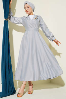 Kruvaze Yaka Taşlı Saten Abiye Elbise Gri - BERAT TEKSTİL