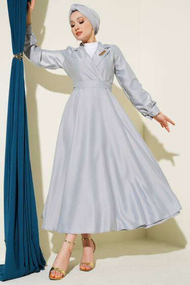 Kruvaze Yaka Taşlı Saten Abiye Elbise Gri - Elbise
