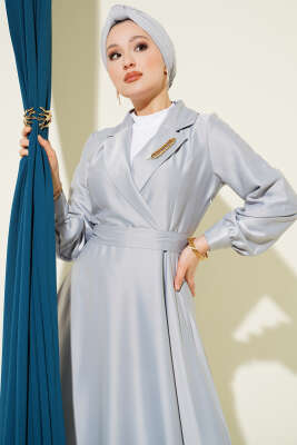 Kruvaze Yaka Taşlı Saten Abiye Elbise Gri - Elbise