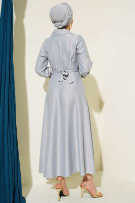 Kruvaze Yaka Taşlı Saten Abiye Elbise Gri - Elbise