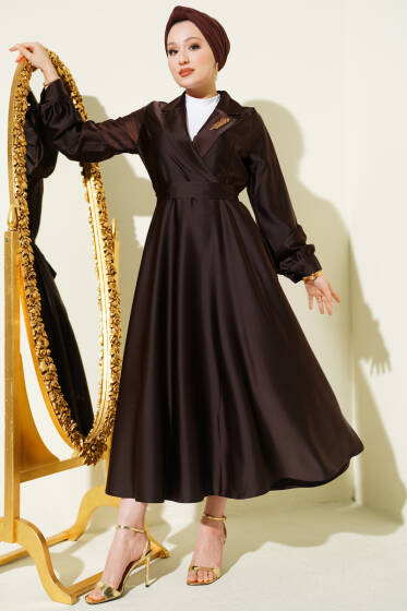 Kruvaze Yaka Taşlı Saten Abiye Elbise Kahve - Elbise
