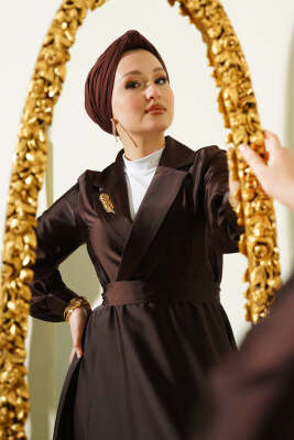 Kruvaze Yaka Taşlı Saten Abiye Elbise Kahve - Elbise