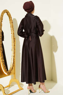 Kruvaze Yaka Taşlı Saten Abiye Elbise Kahve - Elbise