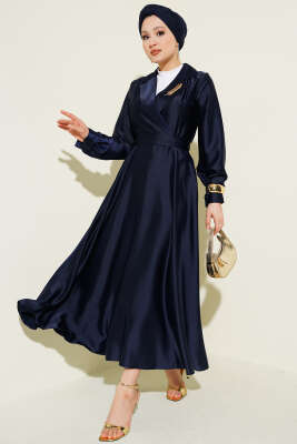 Kruvaze Yaka Taşlı Saten Abiye Elbise Lacivert - BERAT TEKSTİL