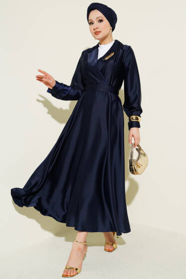 Kruvaze Yaka Taşlı Saten Abiye Elbise Lacivert - Elbise