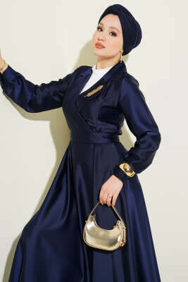 Kruvaze Yaka Taşlı Saten Abiye Elbise Lacivert - Elbise