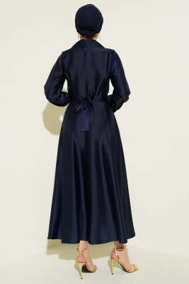 Kruvaze Yaka Taşlı Saten Abiye Elbise Lacivert - Elbise