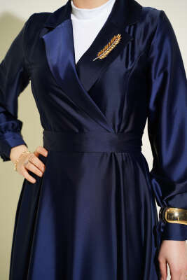 Kruvaze Yaka Taşlı Saten Abiye Elbise Lacivert - Elbise