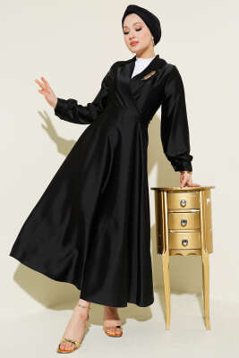 Kruvaze Yaka Taşlı Saten Abiye Elbise Siyah - BERAT TEKSTİL