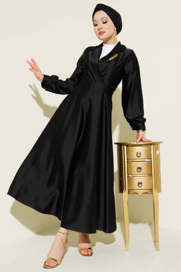 Kruvaze Yaka Taşlı Saten Abiye Elbise Siyah - Elbise