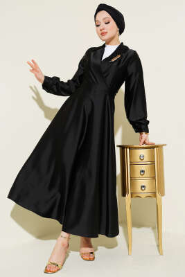 Kruvaze Yaka Taşlı Saten Abiye Elbise Siyah - BERAT TEKSTİL