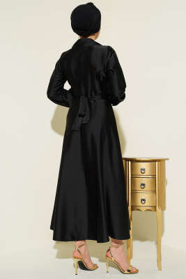 Kruvaze Yaka Taşlı Saten Abiye Elbise Siyah - Elbise