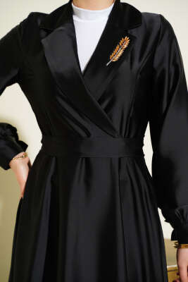 Kruvaze Yaka Taşlı Saten Abiye Elbise Siyah - Elbise