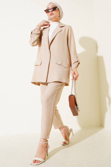 Kruvaze Yaka Üçlü Takım Bej - İkili Takım