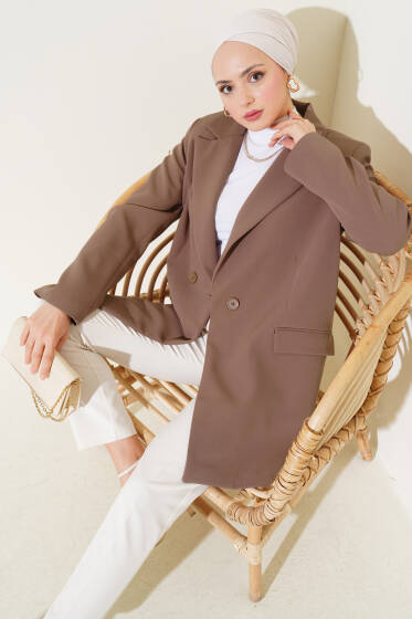 Kruvaze Yaka Uzun Blazer Ceket Camel - Ceket