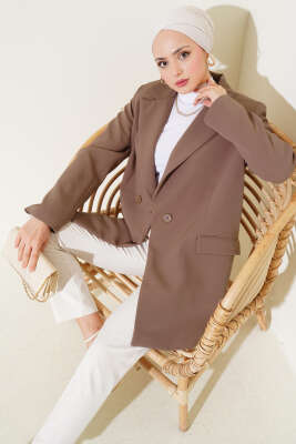 Kruvaze Yaka Uzun Blazer Ceket Camel - ESSE