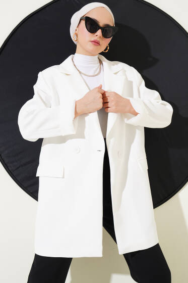 Kruvaze Yaka Uzun Blazer Ceket Ekru - Ceket