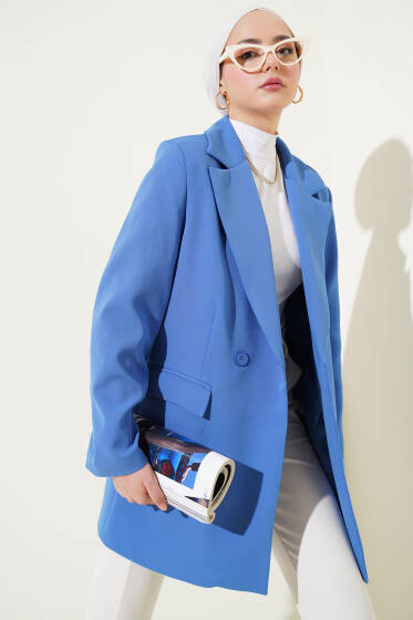 Kruvaze Yaka Uzun Blazer Ceket Mavi - Ceket