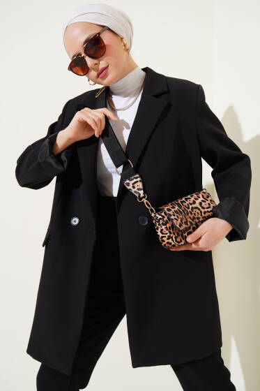 Kruvaze Yaka Uzun Blazer Ceket Siyah - Ceket