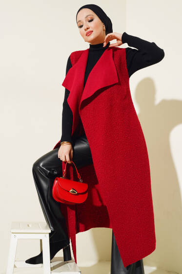 Kruvaze Yaka Uzun Buklet Yelek Bordo - Yelek