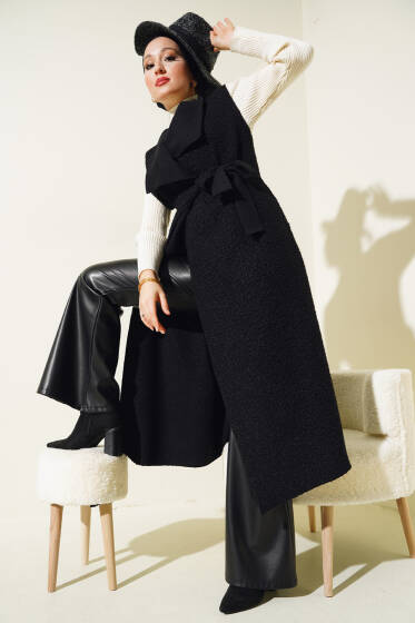 Kruvaze Yaka Uzun Buklet Yelek Siyah - Yelek