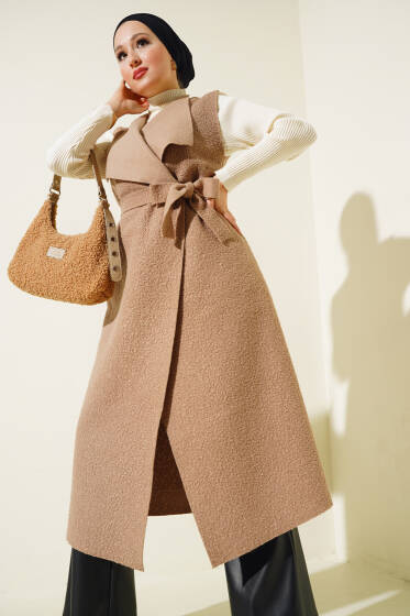 Kruvaze Yaka Uzun Buklet Yelek Vizon - Yelek