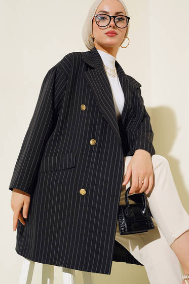 Kruvaze Yaka Uzun Çizgili Ceket Siyah - Ceket