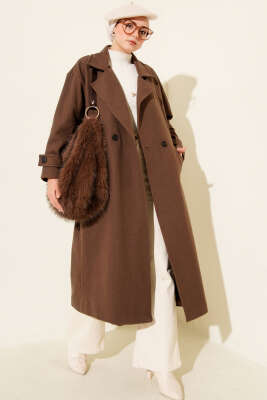 Kruvaze Yaka Uzun Kaşe Kaban Kahve - FİXAY