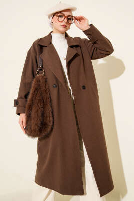 Kruvaze Yaka Uzun Kaşe Kaban Kahve - Kaban