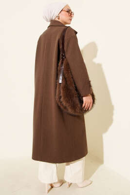 Kruvaze Yaka Uzun Kaşe Kaban Kahve - Kaban