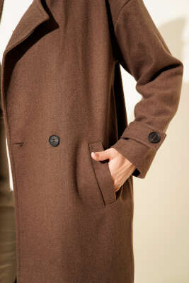 Kruvaze Yaka Uzun Kaşe Kaban Kahve - Kaban