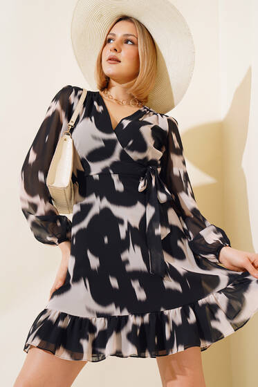 Kruvaze Yaka Uzun Kol Tül Elbise Siyah - Kadın Giyim Modelleri