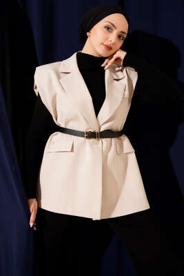 Kruvaze Yaka Vatkalı Kemerli Yelek Bej - DUFON