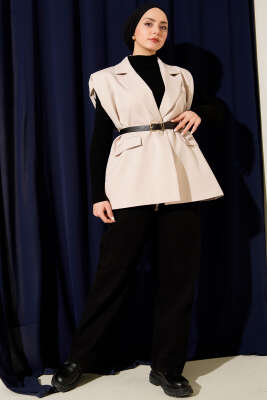 Kruvaze Yaka Vatkalı Kemerli Yelek Bej - Yelek