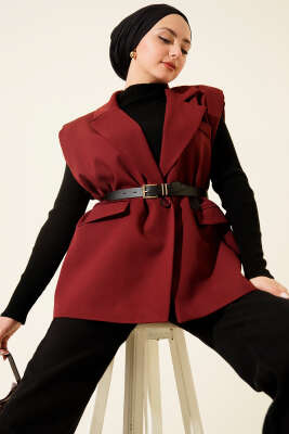 Kruvaze Yaka Vatkalı Kemerli Yelek Bordo - DUFON