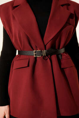 Kruvaze Yaka Vatkalı Kemerli Yelek Bordo - Yelek