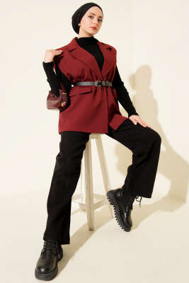 Kruvaze Yaka Vatkalı Kemerli Yelek Bordo - Yelek