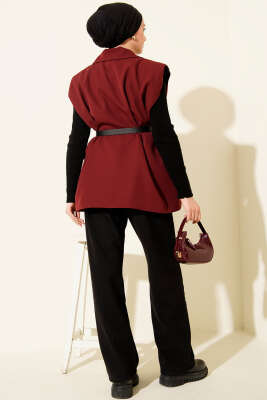 Kruvaze Yaka Vatkalı Kemerli Yelek Bordo - Yelek