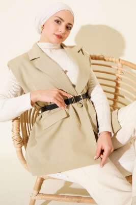 Kruvaze Yaka Vatkalı Kemerli Yelek Çağla Yeşili - DUFON