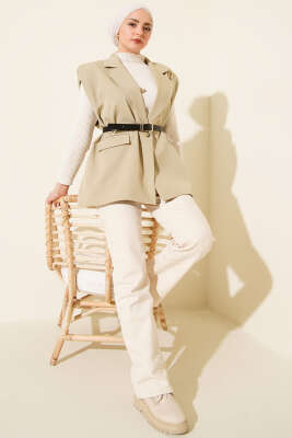 Kruvaze Yaka Vatkalı Kemerli Yelek Çağla Yeşili - Yelek