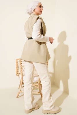 Kruvaze Yaka Vatkalı Kemerli Yelek Çağla Yeşili - Yelek