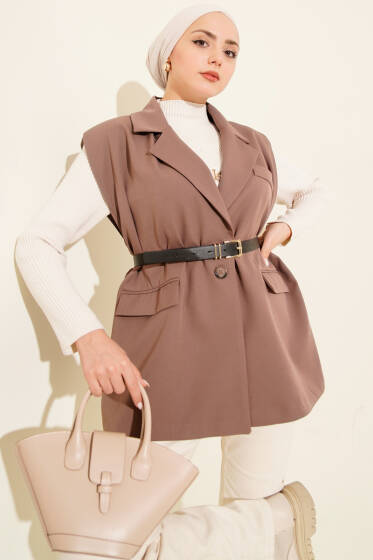 Kruvaze Yaka Vatkalı Kemerli Yelek Kahve - Yelek