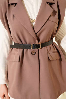 Kruvaze Yaka Vatkalı Kemerli Yelek Kahve - Yelek