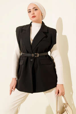Kruvaze Yaka Vatkalı Kemerli Yelek Siyah - DUFON