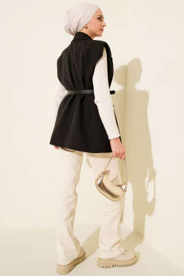 Kruvaze Yaka Vatkalı Kemerli Yelek Siyah - Yelek