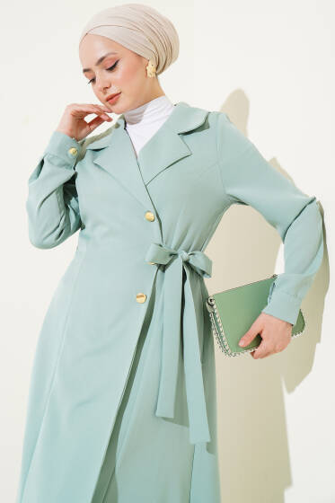 Kruvaze Yaka Yan Bağlamalı Kap Mint - Dış Giyim&Mont