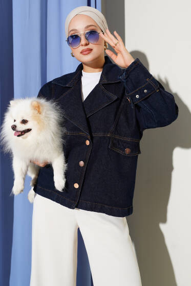 Kruvaze Yaka Yan Düğmeli Kot Ceket Lacivert - Ceket